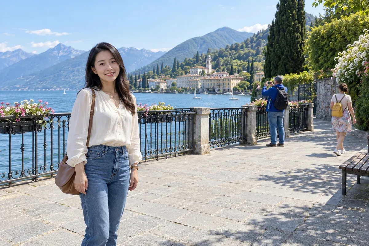 Lakeside promenade with a man in a red shirt removed (After)