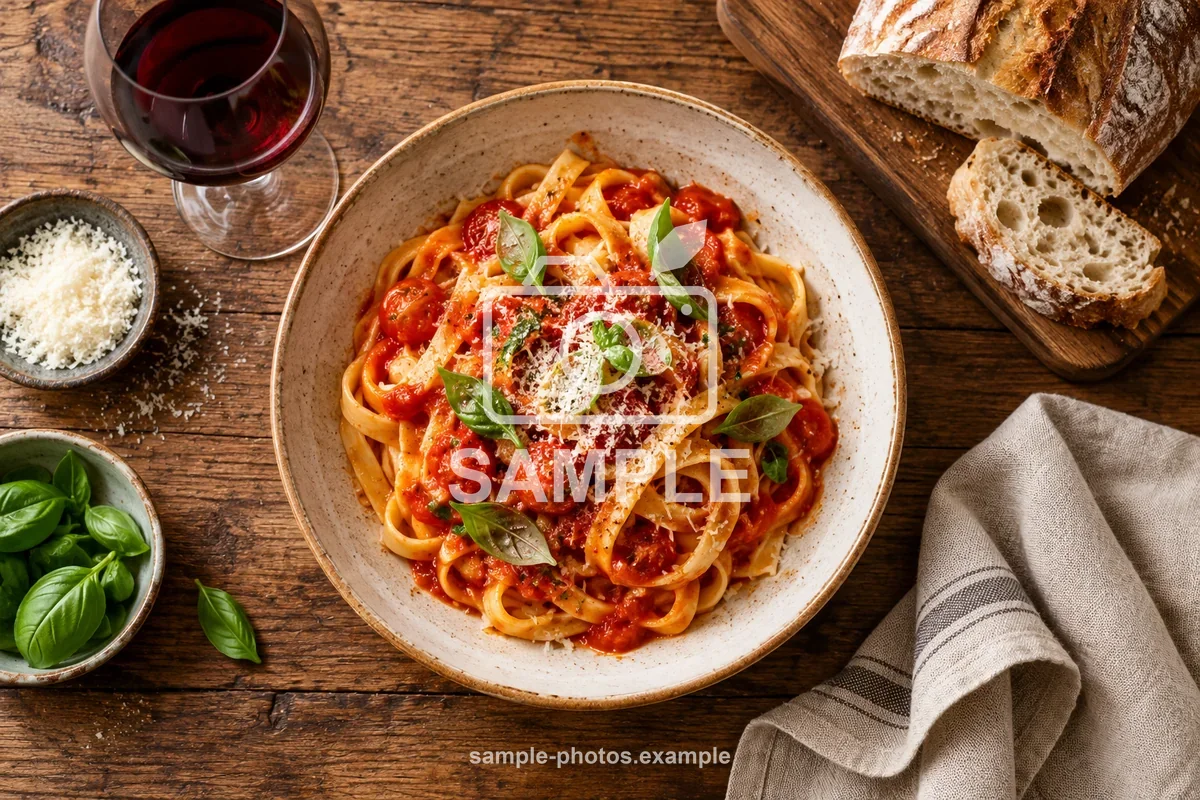 Overhead food photo with a large semi-transparent logo and text removed (Before)